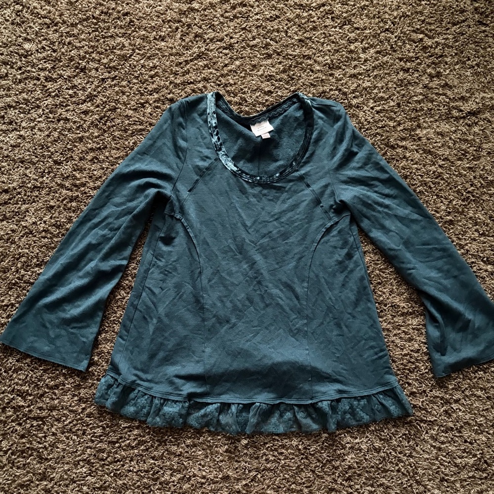 Dark Green Long Sleeve Top with Lace Ruffle Hem